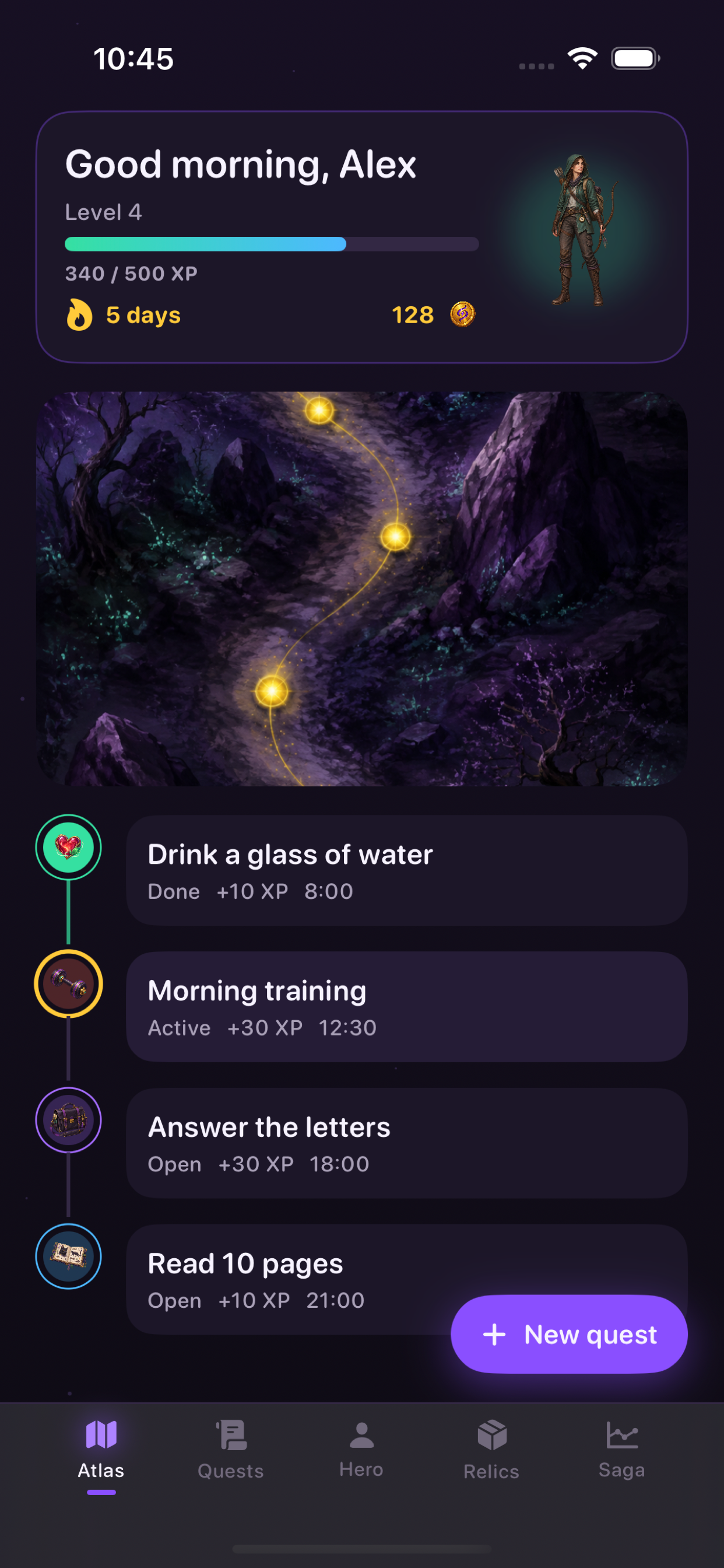 Sidequest atlas with today’s quests on a map
